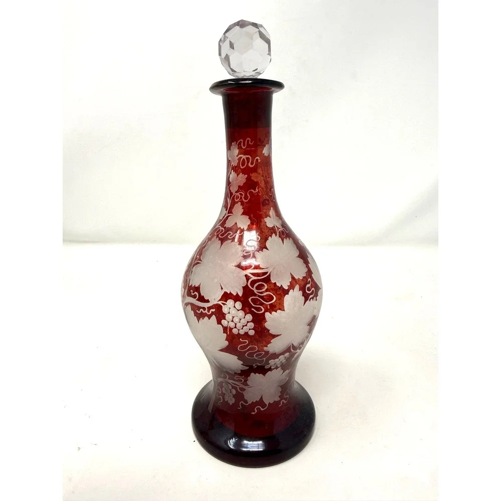 Vintage Bohemian Ruby Red Flashed Glass Decanter Etched Grape Vine Stopper